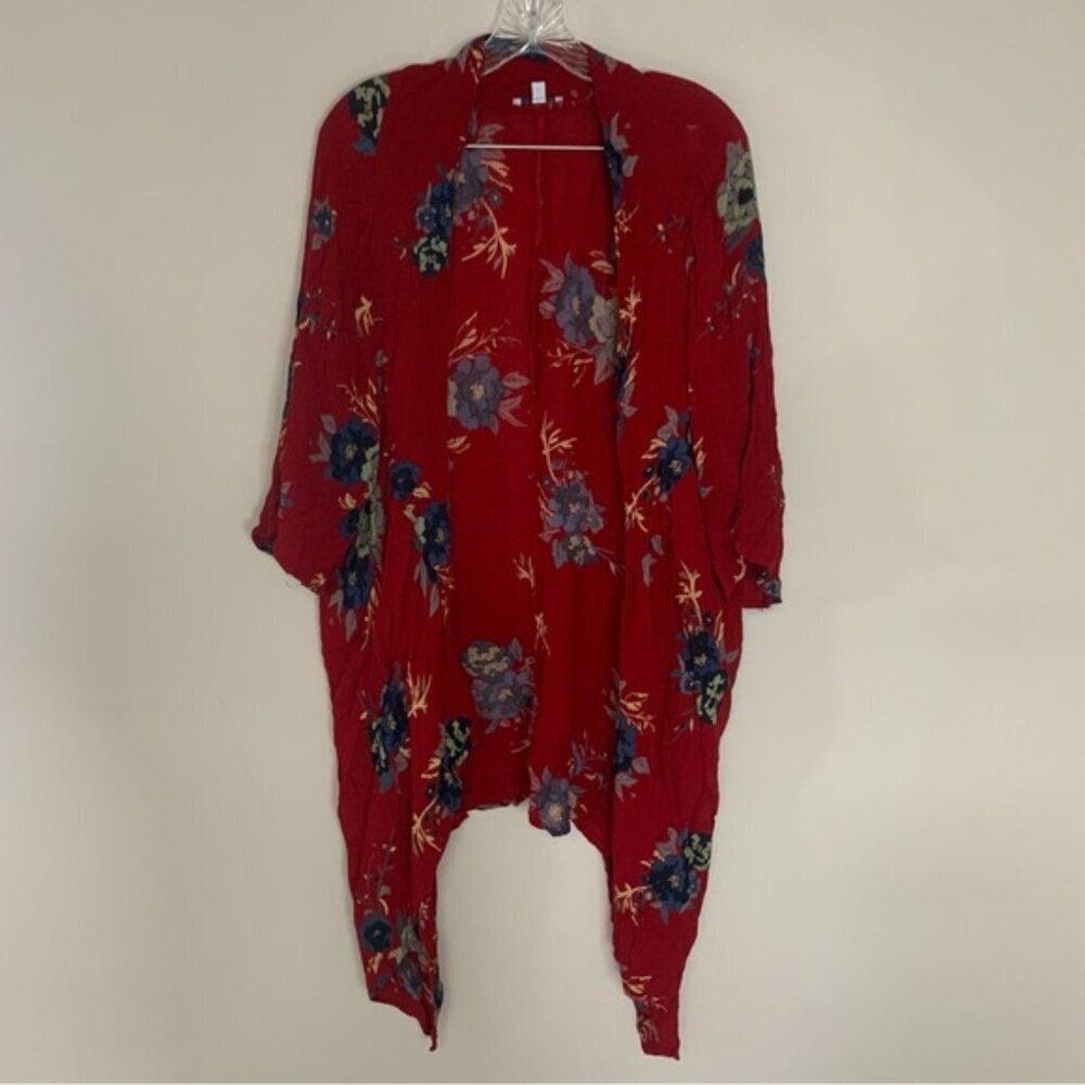 Patrons Of Peace Red Blue Floral Rayon Kimono Open Front M